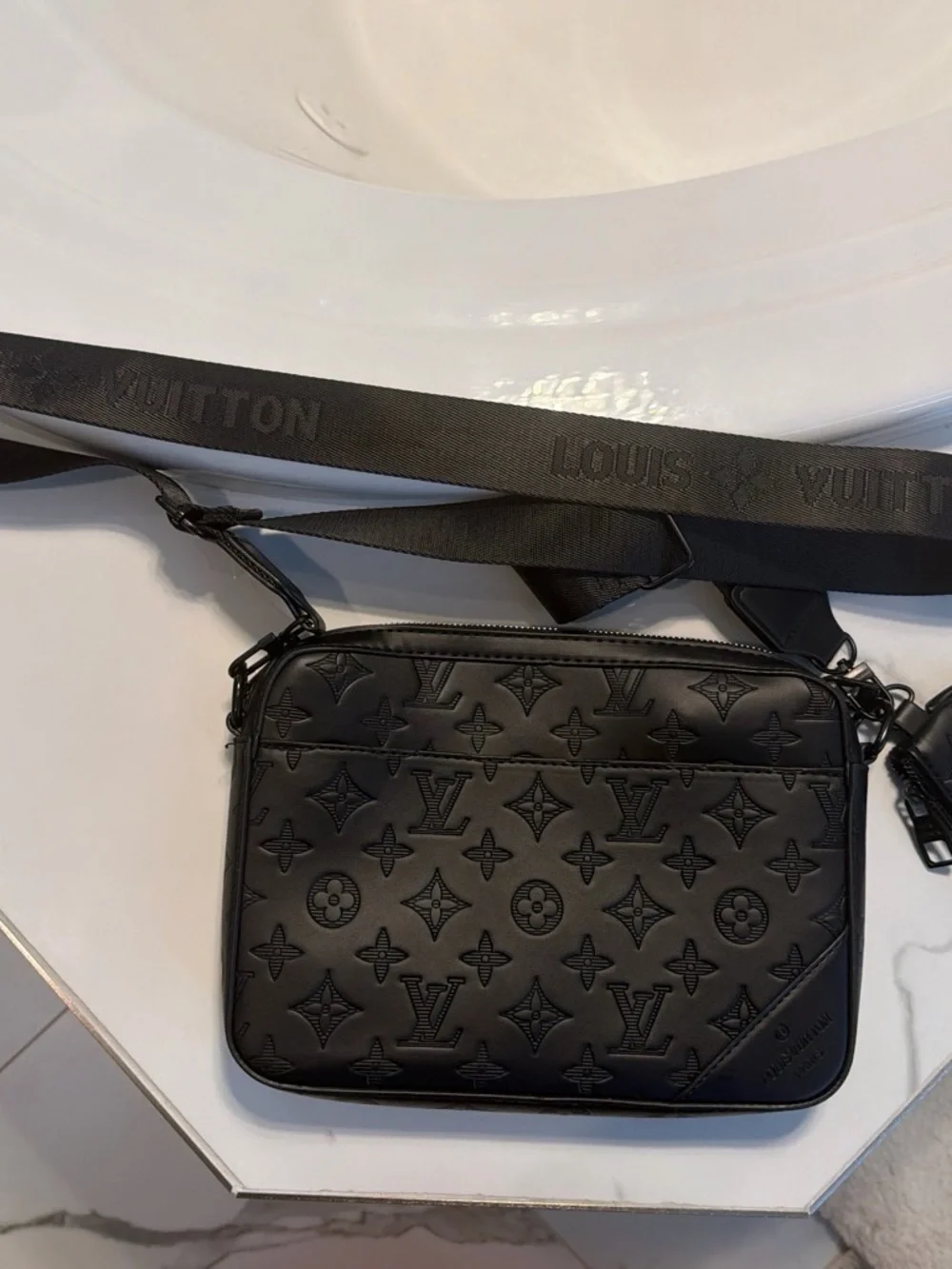 LV Black Embossed Monogram Messenger Bag